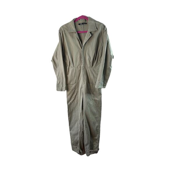 Zara Long Tan Cargo Jumpsuit Cotton Small Missing Belt 4661/337 Utility Chore - Picture 1 of 16